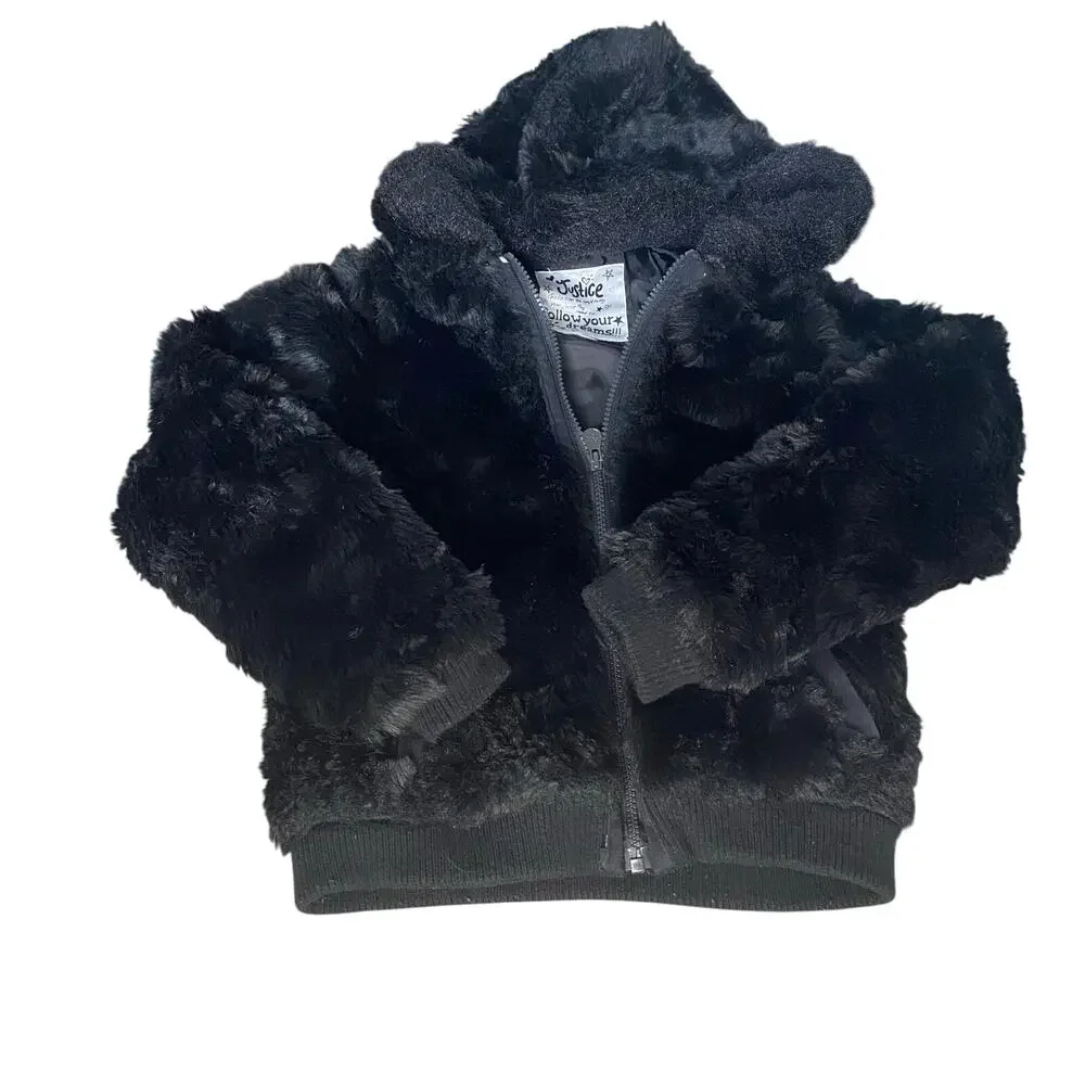 Justice‎ black fuzzy hooded full zip coat SIZE 8
